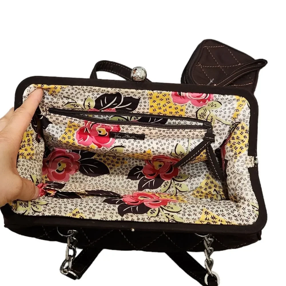 Vera Bradley Brown Quilted Floral Lining  Handbag Purse With Match Wristlet